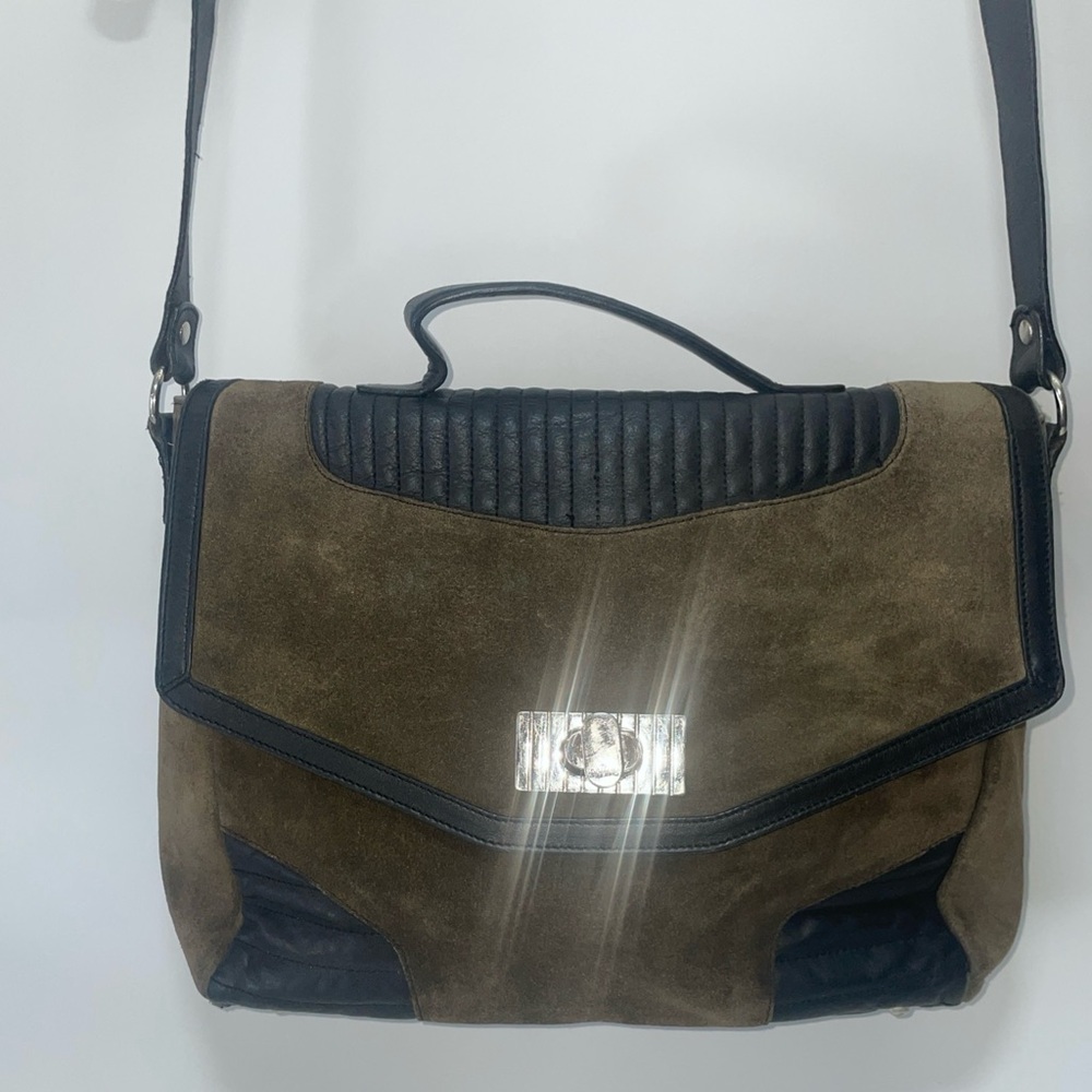 Prune  Argentina Purse Messenger Bag Green Suede and Leather Shoulder Bag. EUC